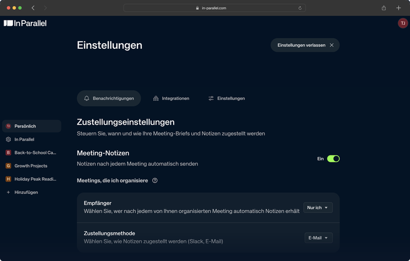 In Parallel UI in German — Settings → Personal → Language