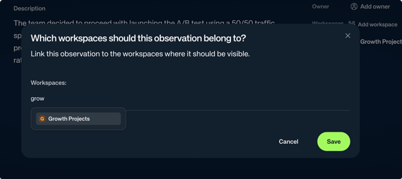 Workspace assignment modal on the observation details page
