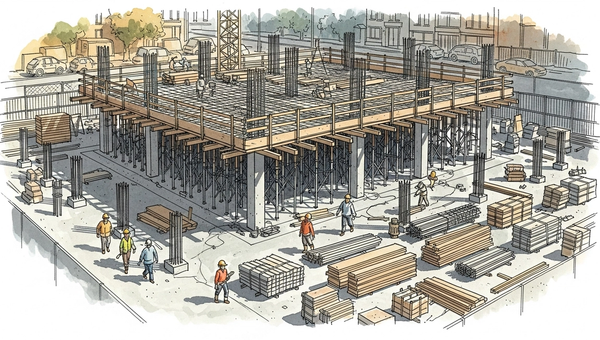 Pen-and-watercolor illustration of a construction site: a solid concrete foundation below, with scaffolding and wooden framing rising into a partially-built upper floor above. Workers move between levels, carrying materials. A visual metaphor for the two layers of enterprise AI context — data fabric as the floor, and the coordination layer being built above it.