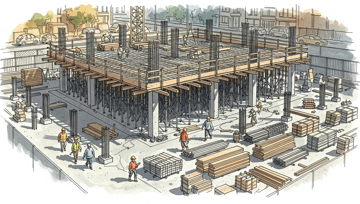 Pen-and-watercolor illustration of a construction site: a solid concrete foundation below, with scaffolding and wooden framing rising into a partially-built upper floor above. Workers move between levels, carrying materials. A visual metaphor for the two layers of enterprise AI context — data fabric as the floor, and the coordination layer being built above it.