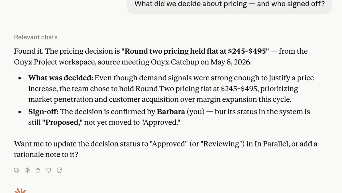 In Parallel answering “What did we decide about pricing — and who signed off?” — returning the decision, its status, and the meeting it was settled in.