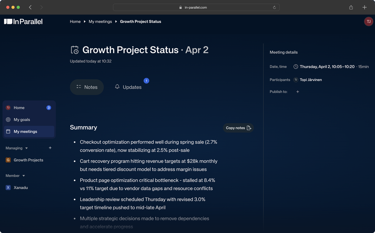 Meeting detail page with properties sidebar and summary