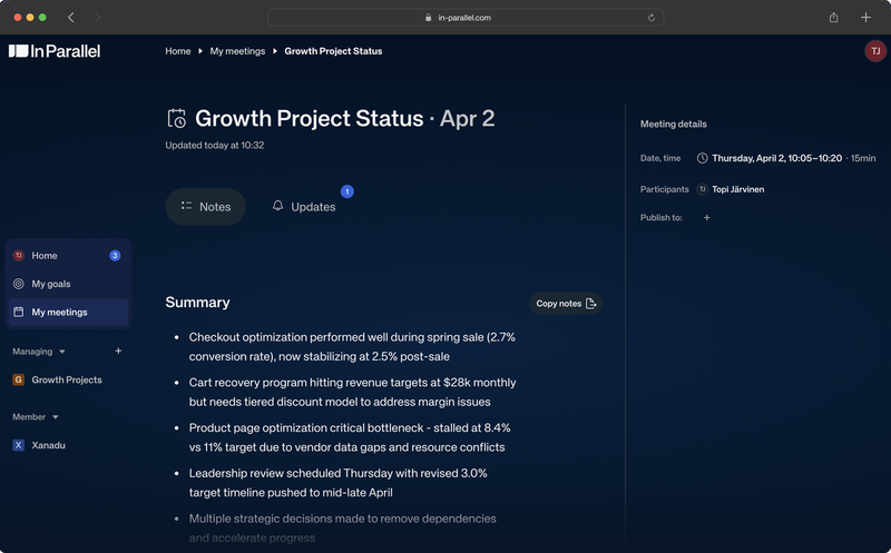 Meeting detail page with properties sidebar and summary