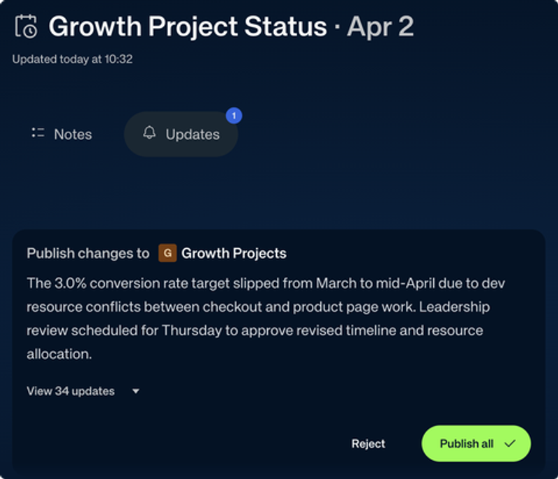 Changelog review — approve or reject observations before they enter your plan