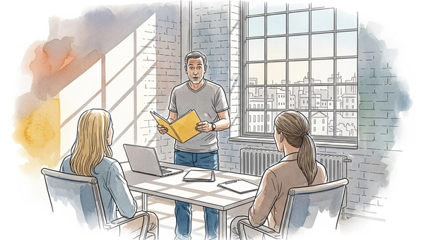 Editorial illustration of a manager presenting to two colleagues in a bright office — representing the missing middle management layer