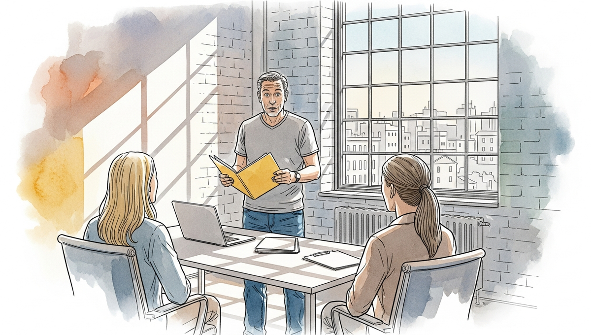 Editorial illustration of a manager presenting to two colleagues in a bright office — representing the missing middle management layer