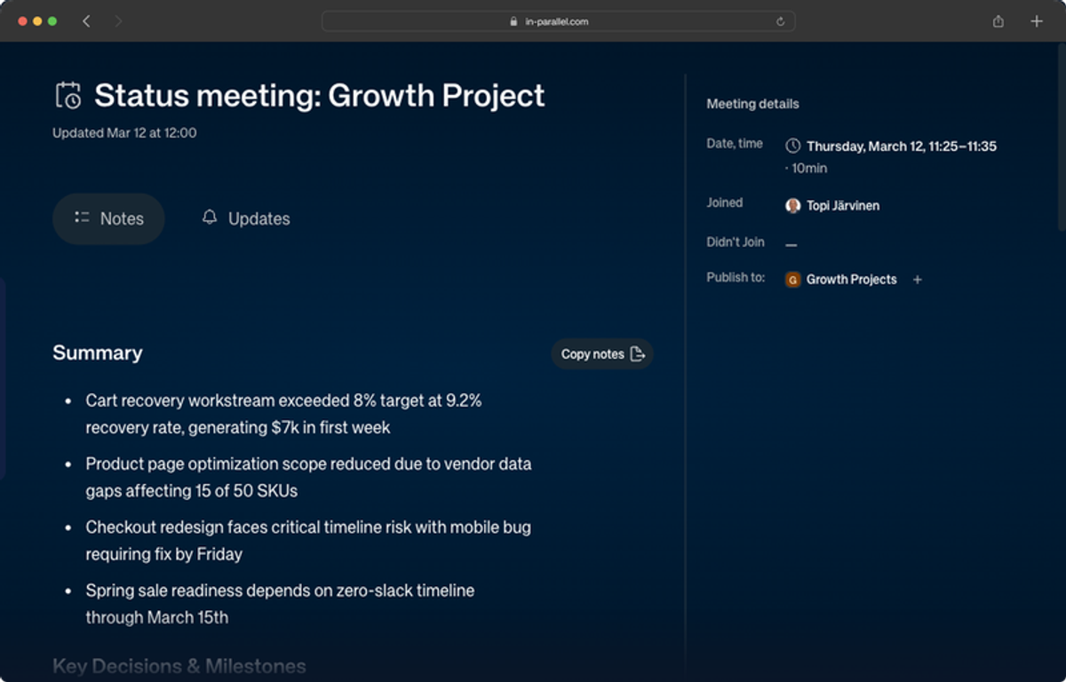 Meeting page with Copy notes button and meeting details sidebar