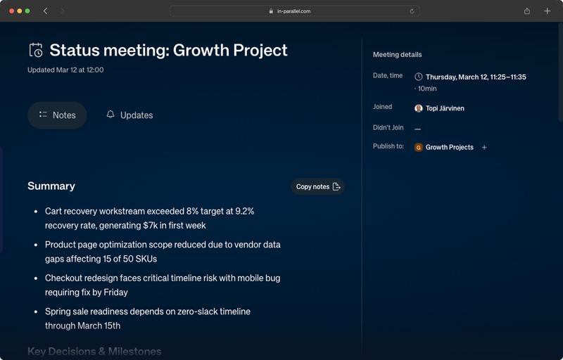 Meeting page with Copy notes button and meeting details sidebar