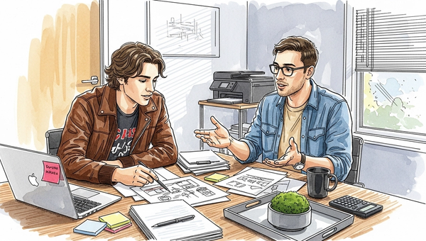 Two people working together at a desk in an office