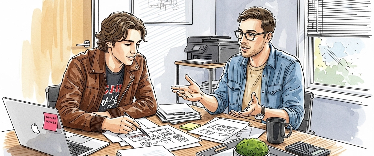 Two people working together at a desk in an office