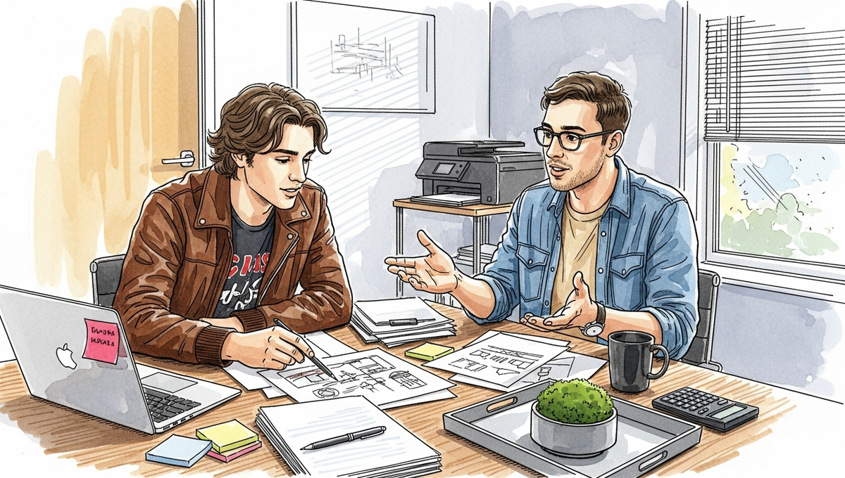 Two people working together at a desk in an office