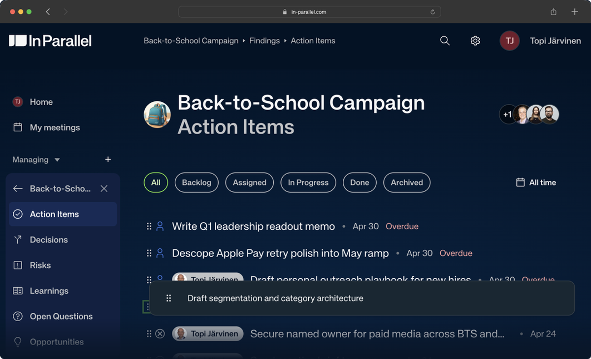 Reorder your findings by dragging them — the Action Items list
