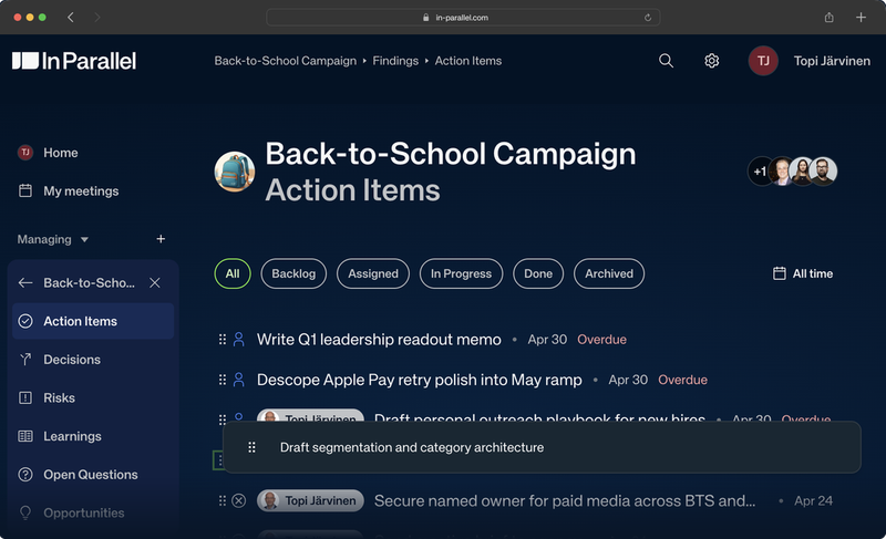 Reorder your findings by dragging them — the Action Items list