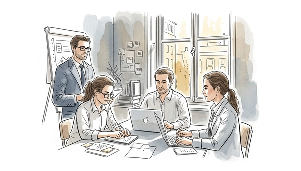 Business meeting between four team members