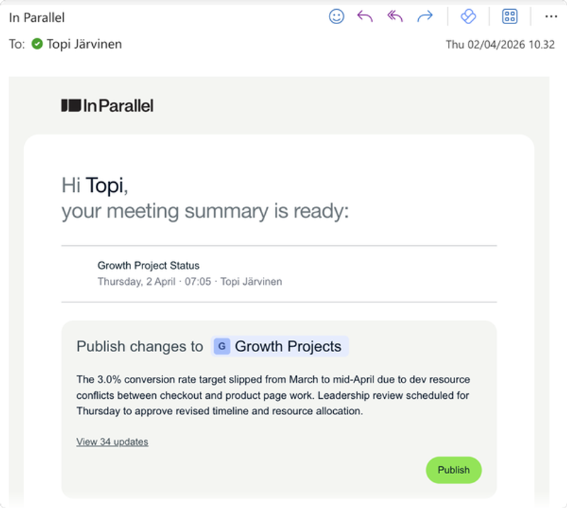 Personalized meeting report email with changelog card