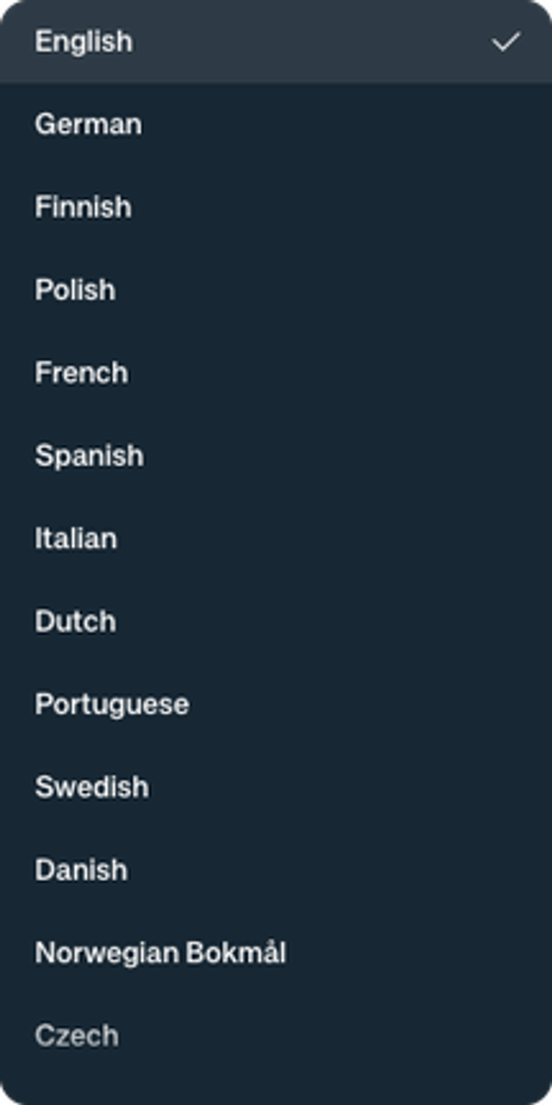 Settings → Personal → Language showing the expanded list of selectable interface languages
