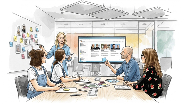 Busy team meeting between five team members