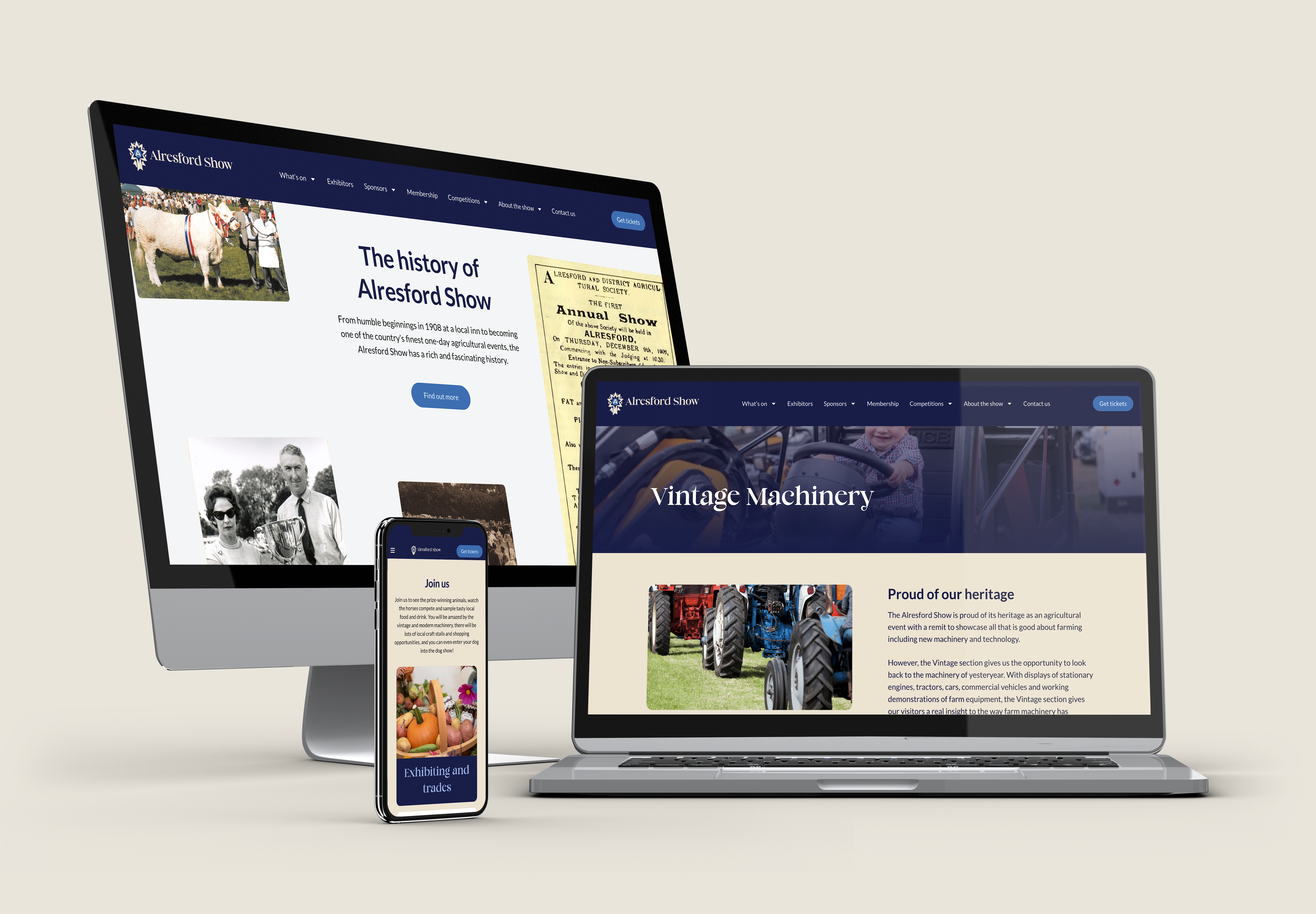 The Alresford Show website displayed on a desktop monitor, laptop, and smartphone, showing consistent branding and responsive layout across devices.
