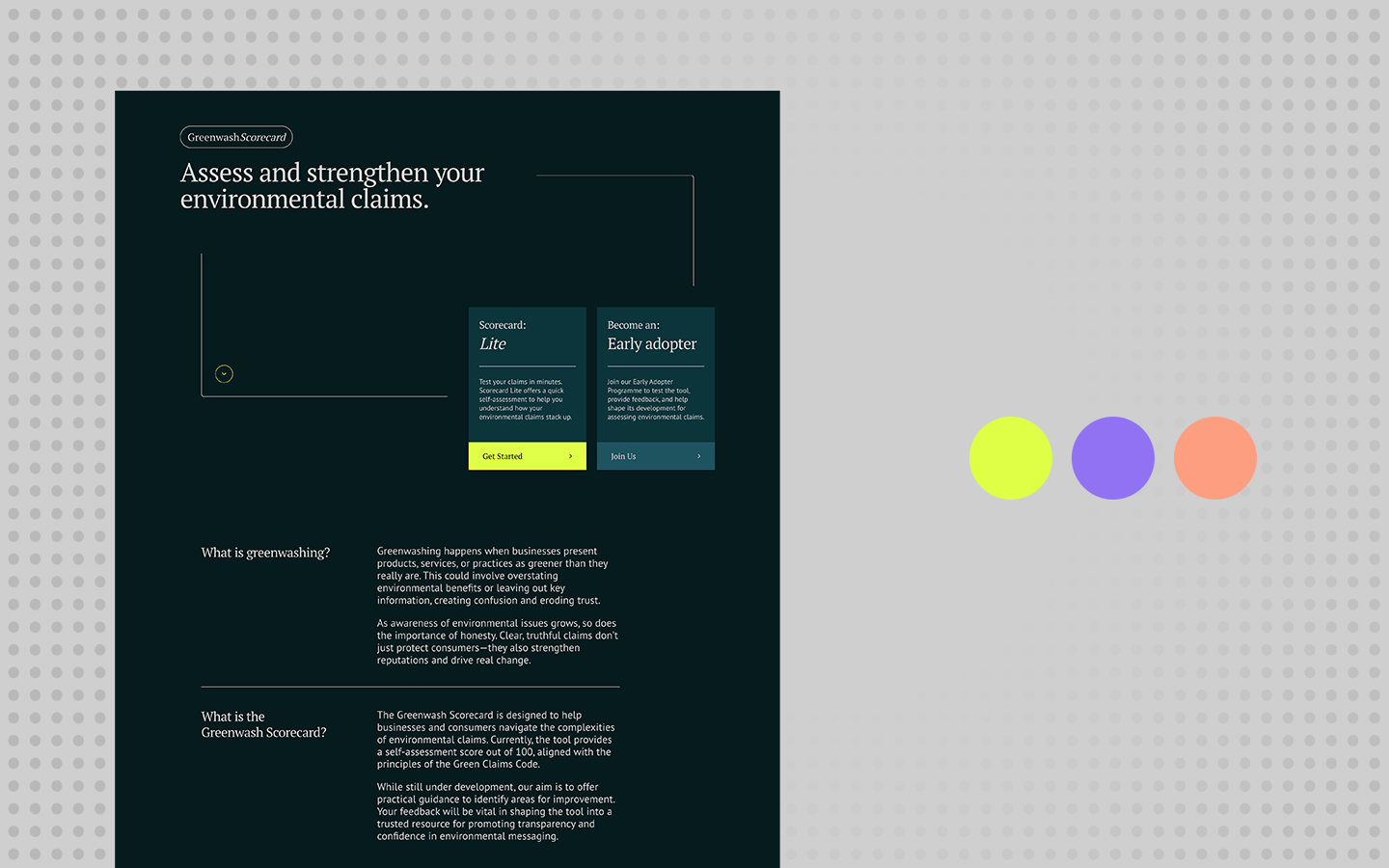 A screenshot of the GreenwashScorecard app, with accompanying brand colour swatches