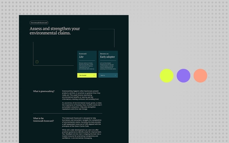 A screenshot of the GreenwashScorecard app, with accompanying brand colour swatches