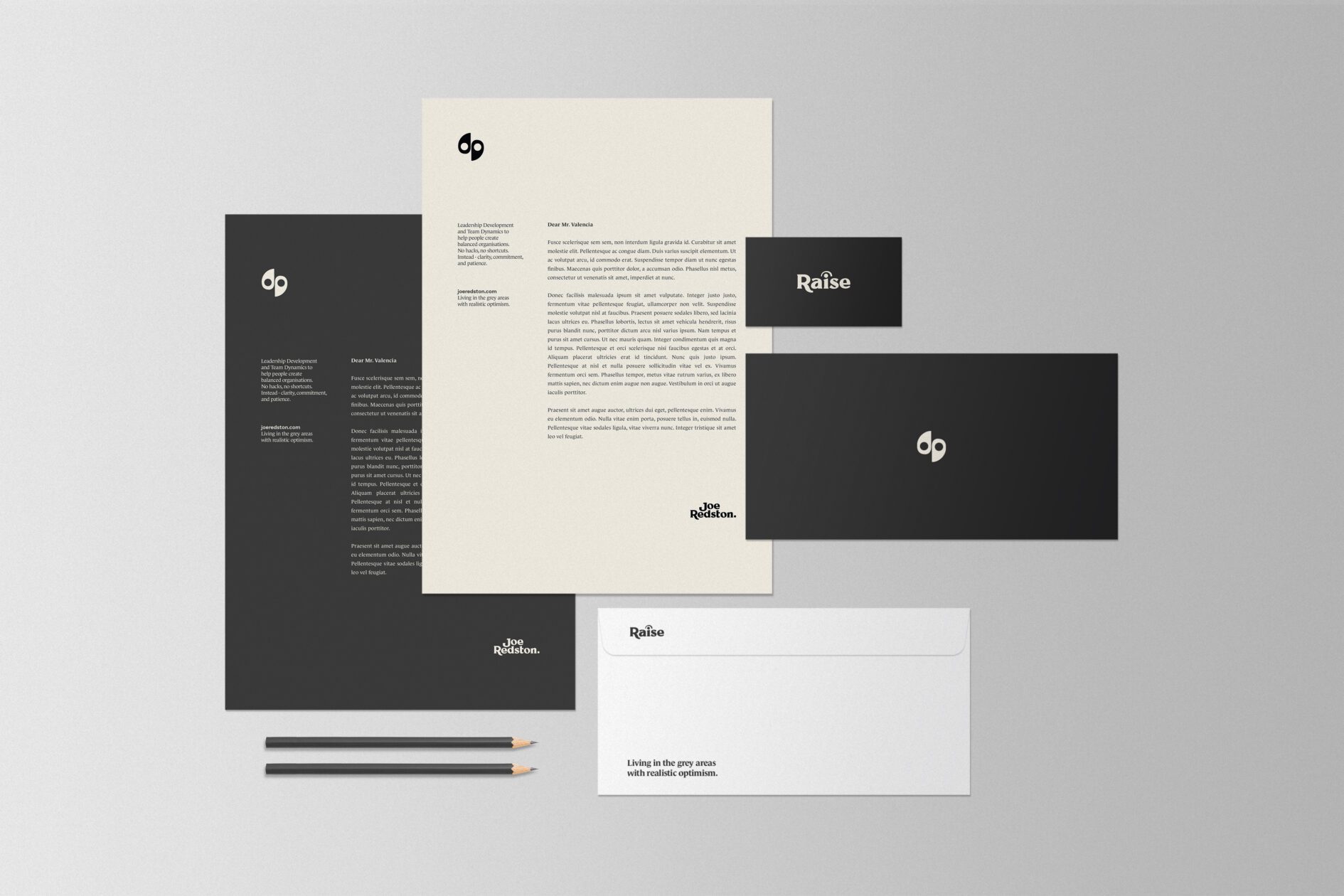 Raise brand stationery layout with letterheads, business cards, and envelope in a clean monochrome palette.