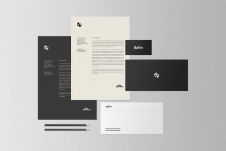Raise brand stationery layout with letterheads, business cards, and envelope in a clean monochrome palette.