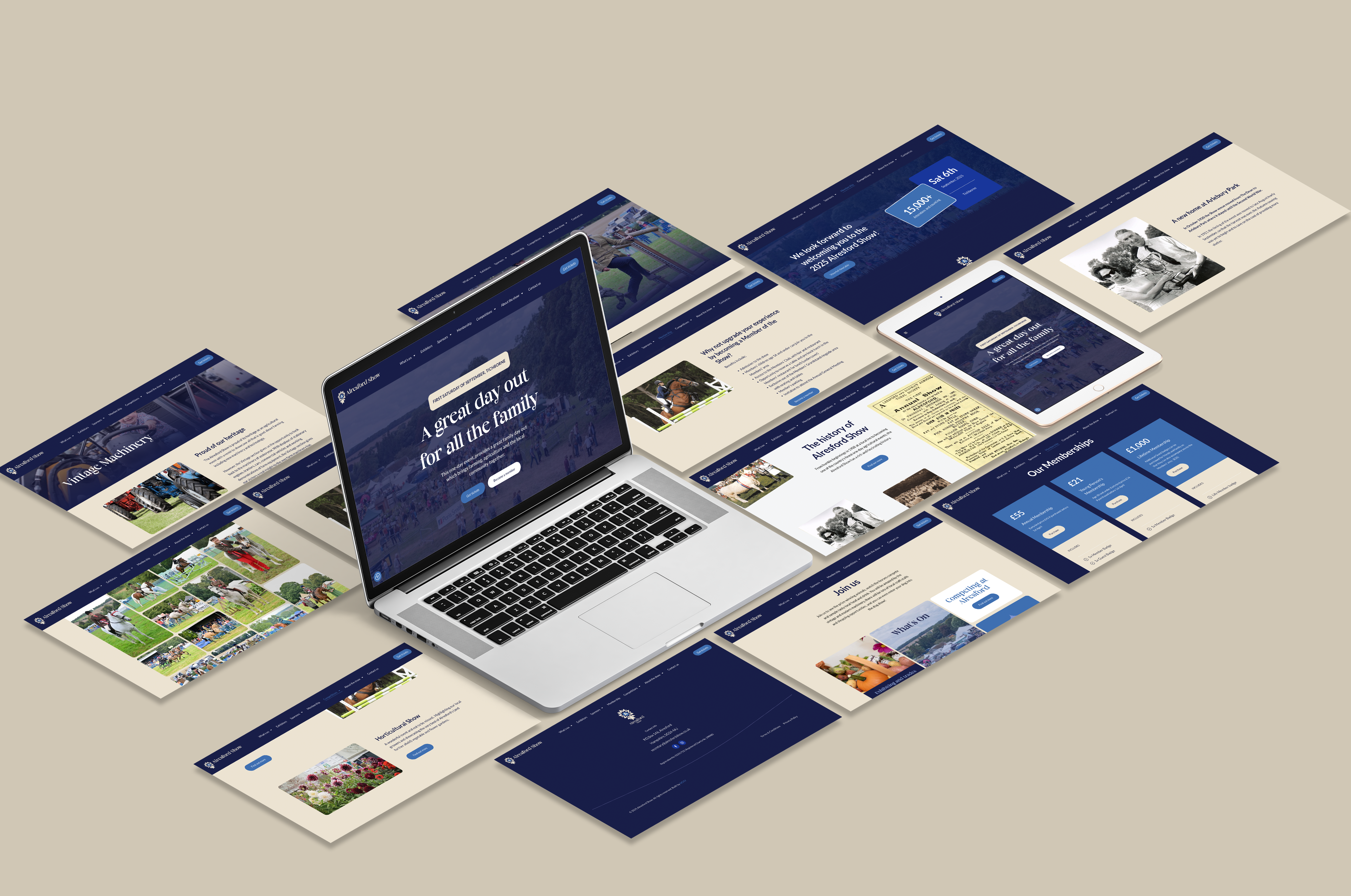 Overhead view of the Alresford Show website mockups, with a central laptop surrounded by key page designs showcasing the modernised layout.