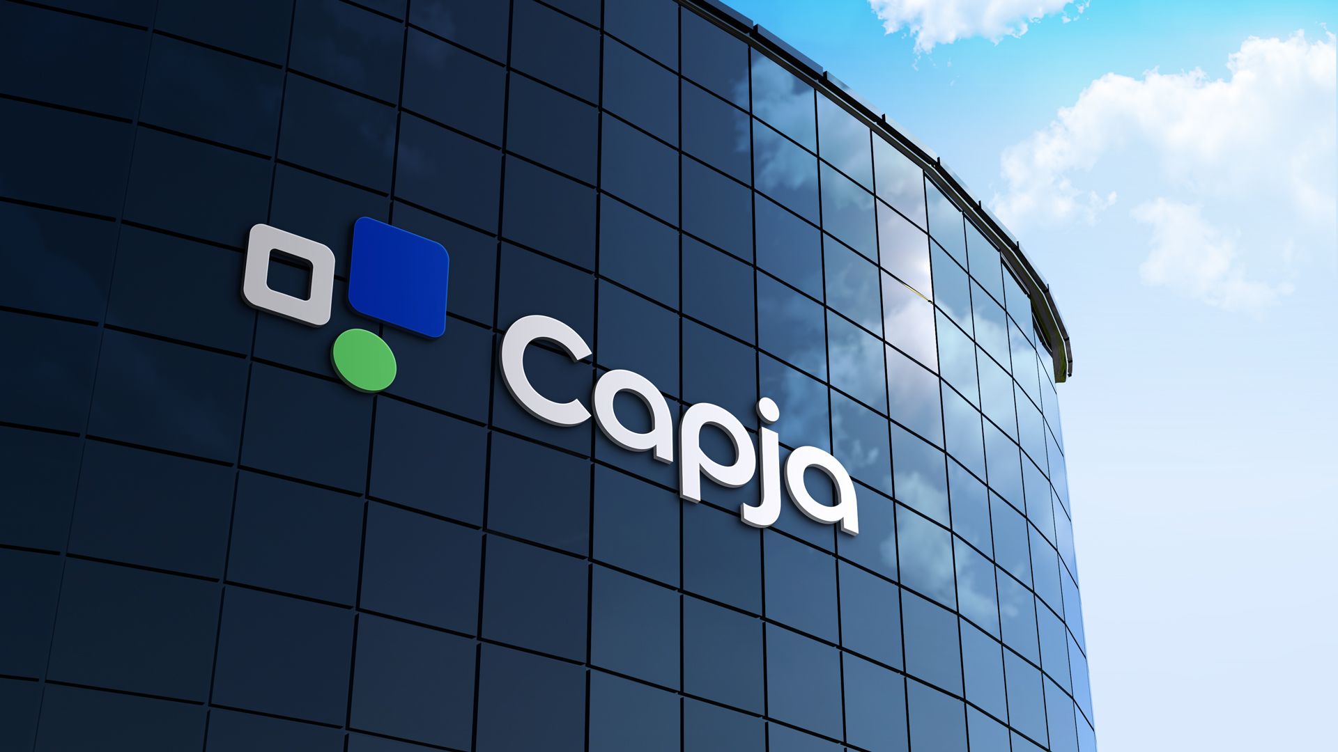 Capja logo displayed on a blue-glass office building with geometric icons in blue, green, and grey.