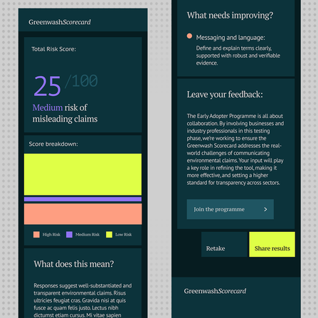 An assessment summary screen from the GreenwashScorecard