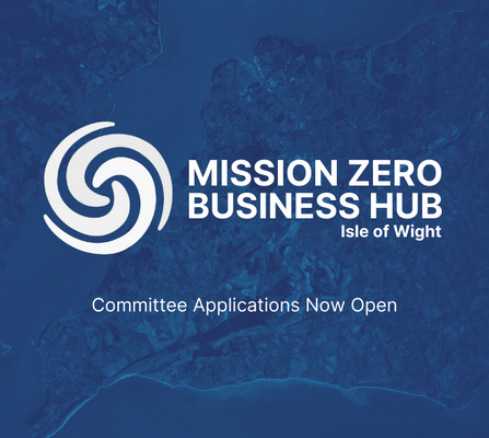 The Mission Zero Business Hub Logo on a blue background, overlooking the Isle of Wight