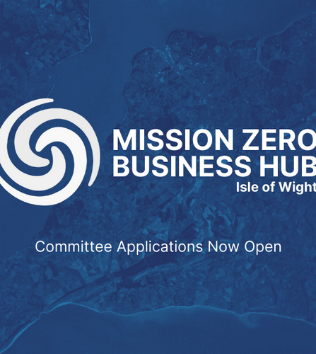 The Mission Zero Business Hub Logo on a blue background, overlooking the Isle of Wight