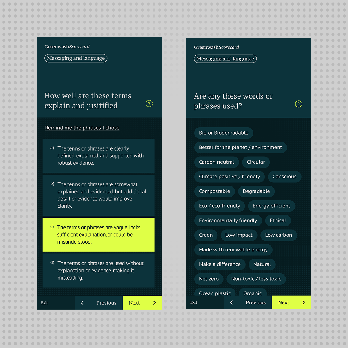 Screenshots of the GreenwashScorecard question flow