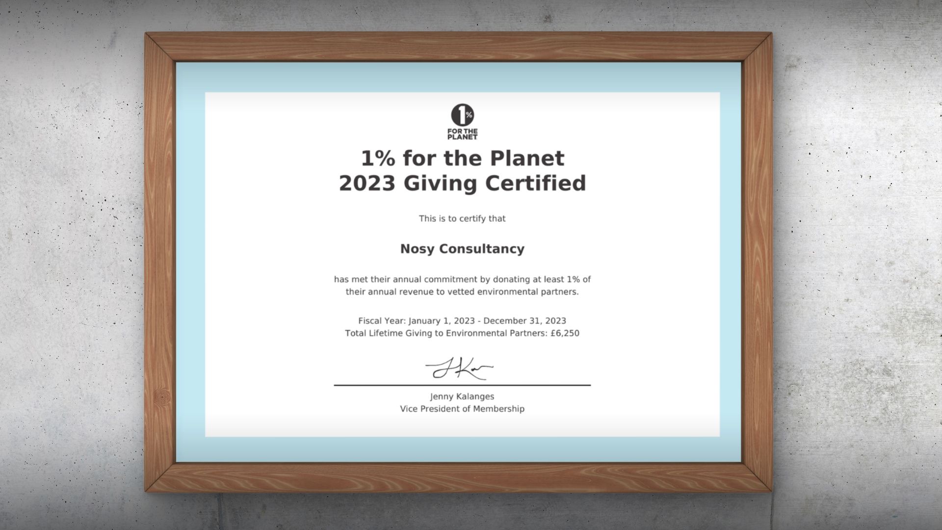 1% for the Planet Certificate - NOSY Creative Agency