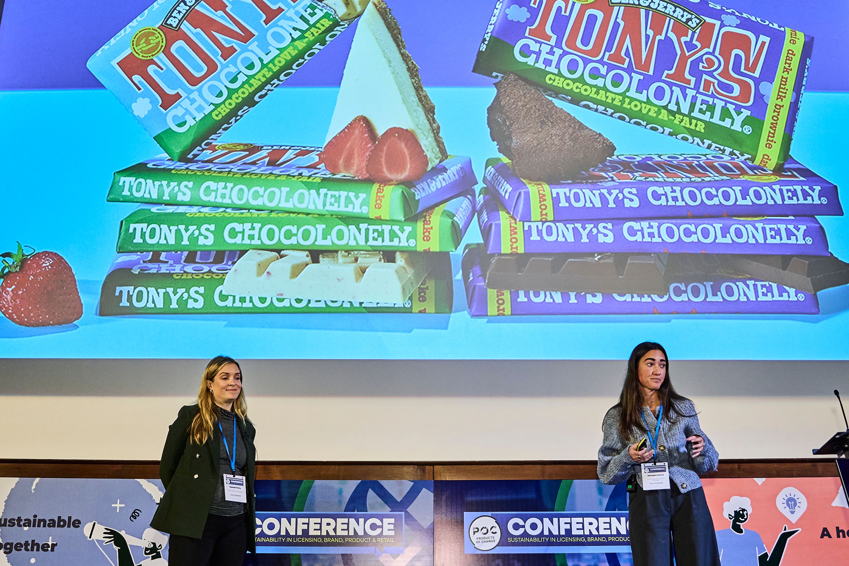 Hannah Perry and Georgina Savva from Tony’s Chocolonely speaking at the conference