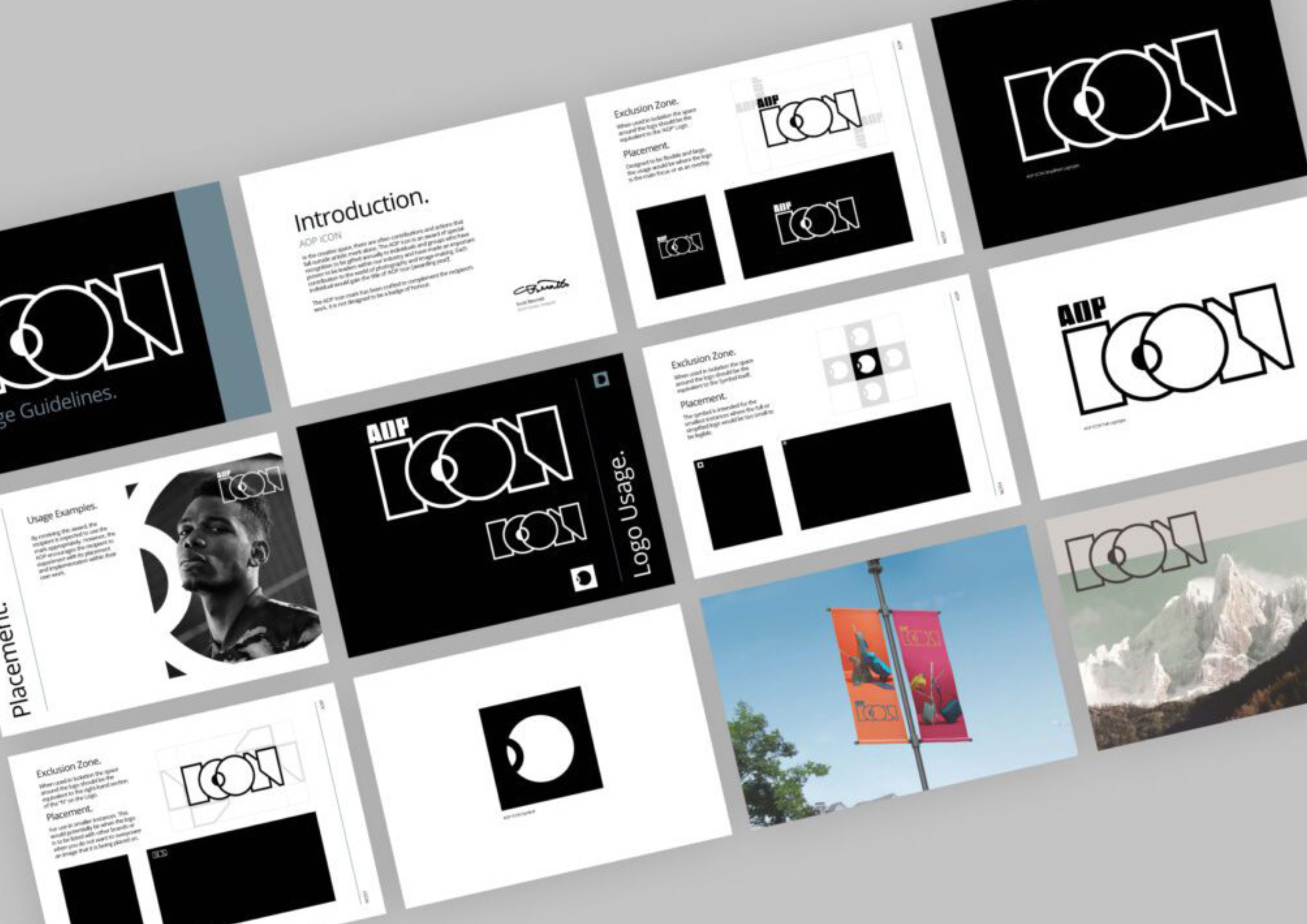 Premium foil-pressed mockup showcasing the AOP ICON logo on black textured stock for high-end award branding.