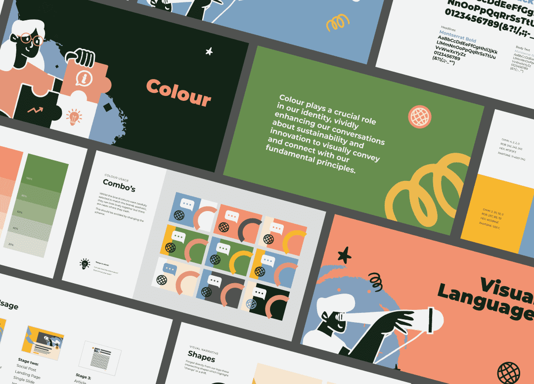 Illustrated brand identity guidelines for Products of Change showing colour palettes, shapes, and design rules.