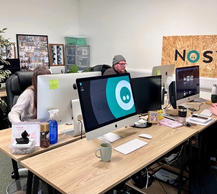 April, Scott, and Richard working at the new office at Building 41 in Northwood