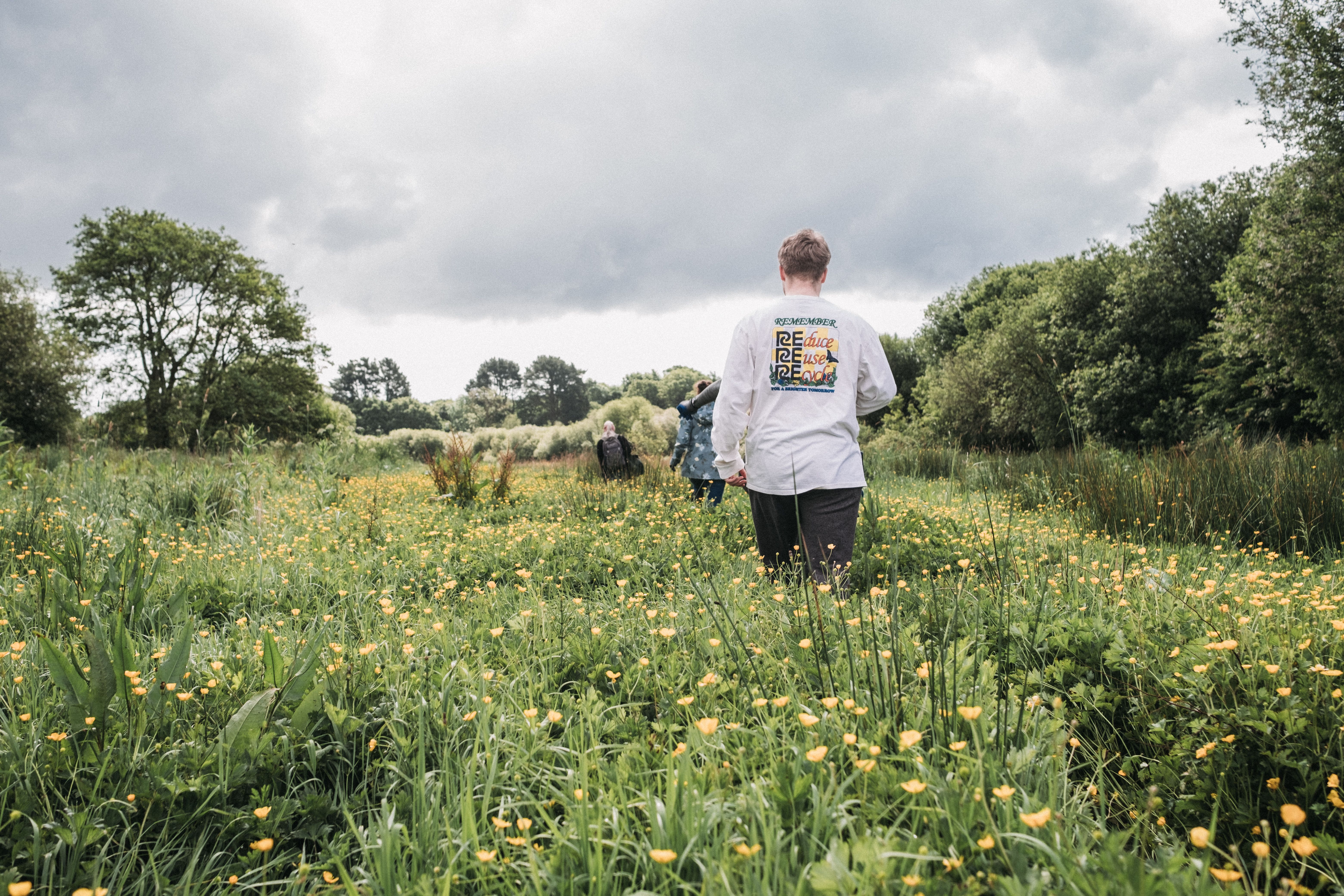 NOSY team walking through a wildflower field