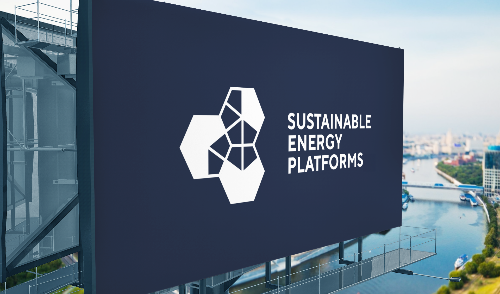 Sustainable Energy Platforms billboard with a modular hexagon logo and bold white typography.
