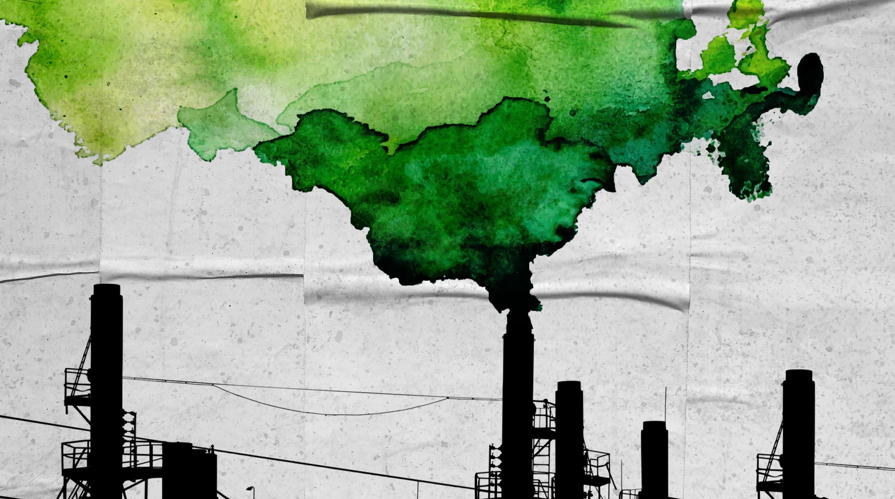 Greenwashing artwork with chimneys polluting the atmosphere