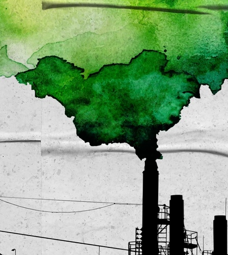 Greenwashing artwork with chimneys polluting the atmosphere