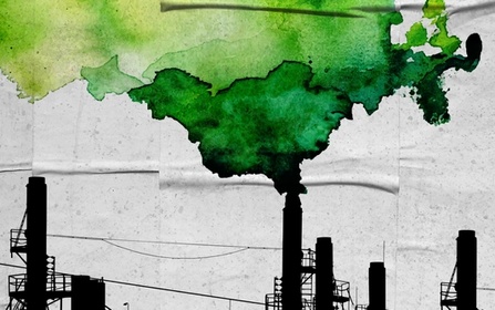 Greenwashing artwork with chimneys polluting the atmosphere