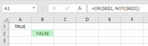 Excel worksheet showing an OR formula and TRUE and FALSE results.