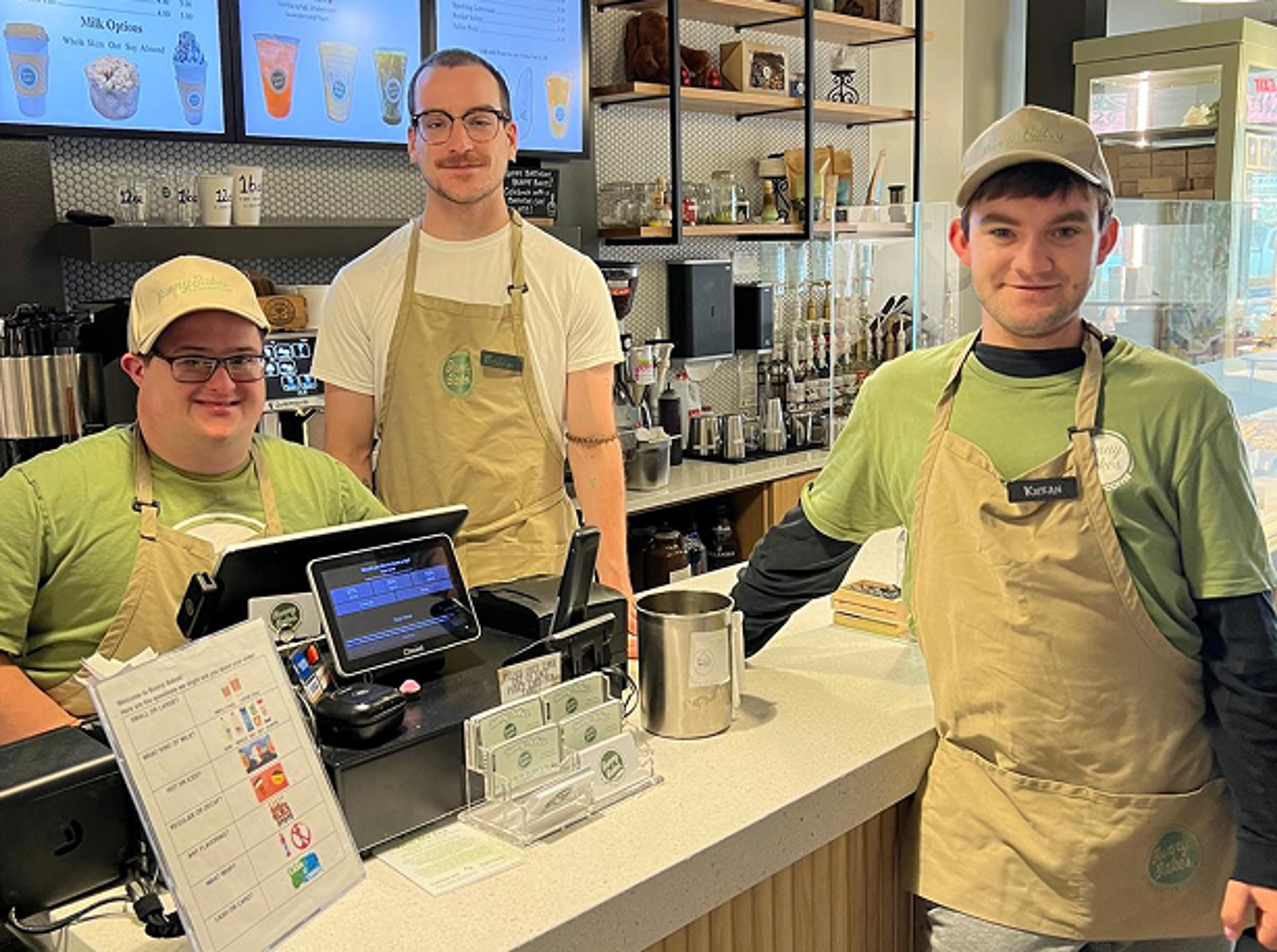 Bunny Bakes Employees working a shift. Three employees all men and all ages.
