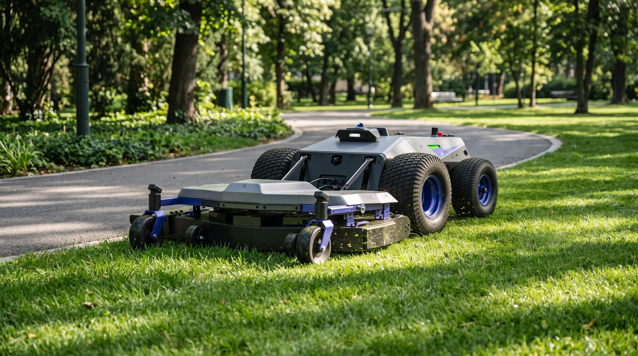 PANDAG G1 mowing around trees and paths in a public park