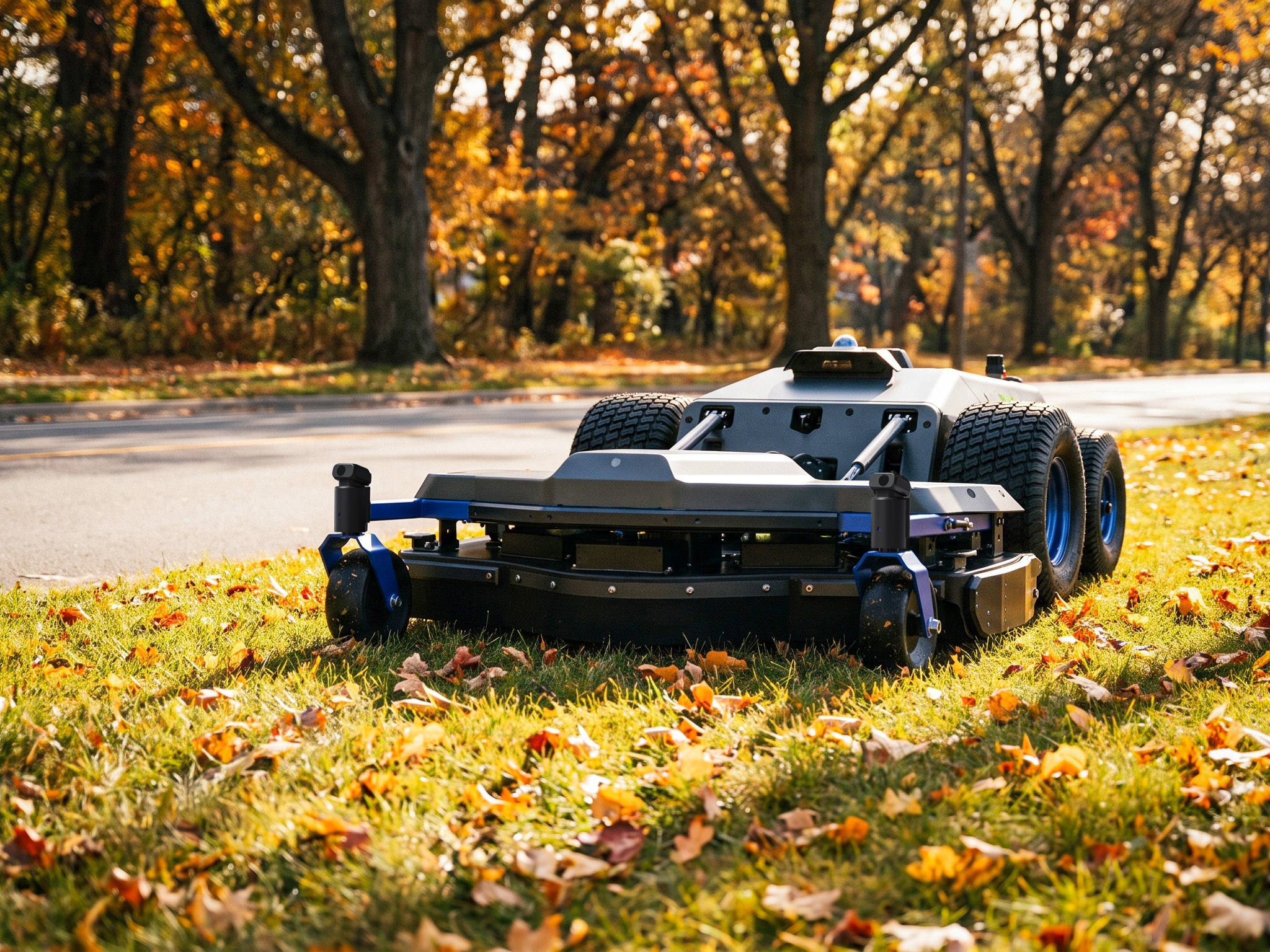 A commercial robotic mower maintaining a large turf area during fall lawn care to prepare grass for winter.