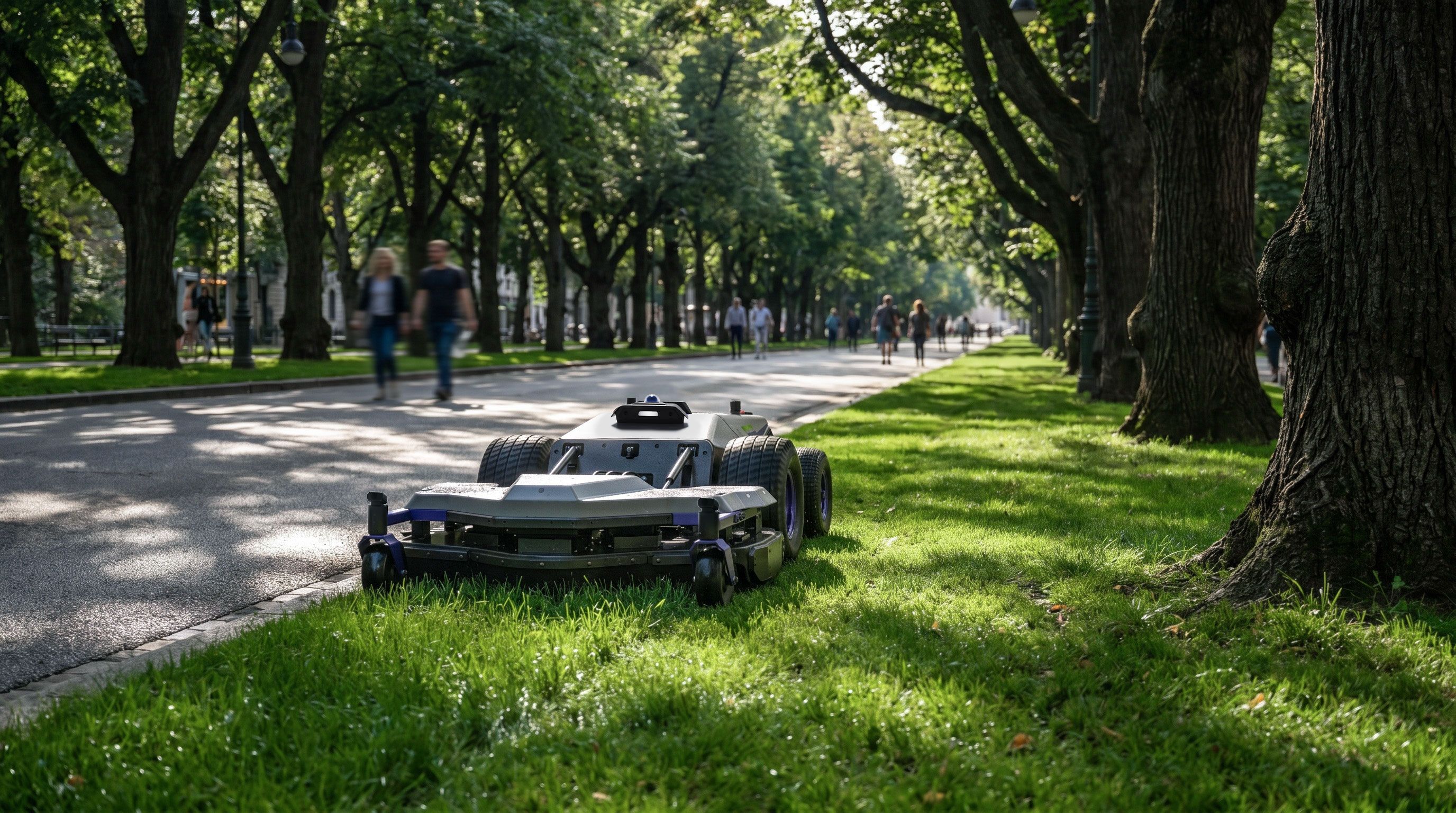 PANDAG G1 commercial robotic mower mowing grass in a public park