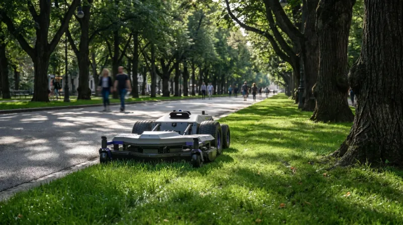 PANDAG G1 commercial robotic mower mowing grass in a public park
