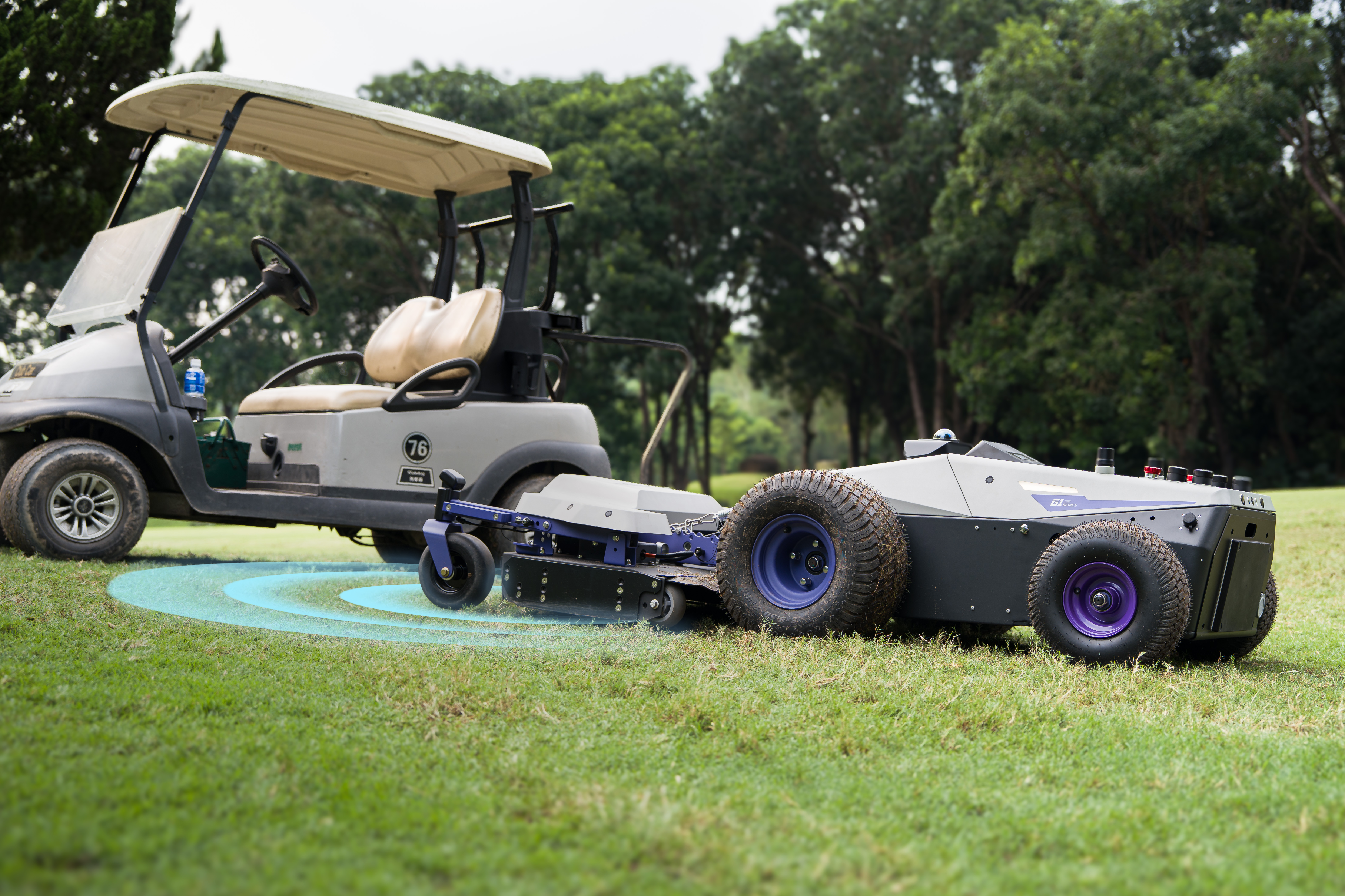 PANDAG G1 commercial robotic mower detecting obstacles on a golf course