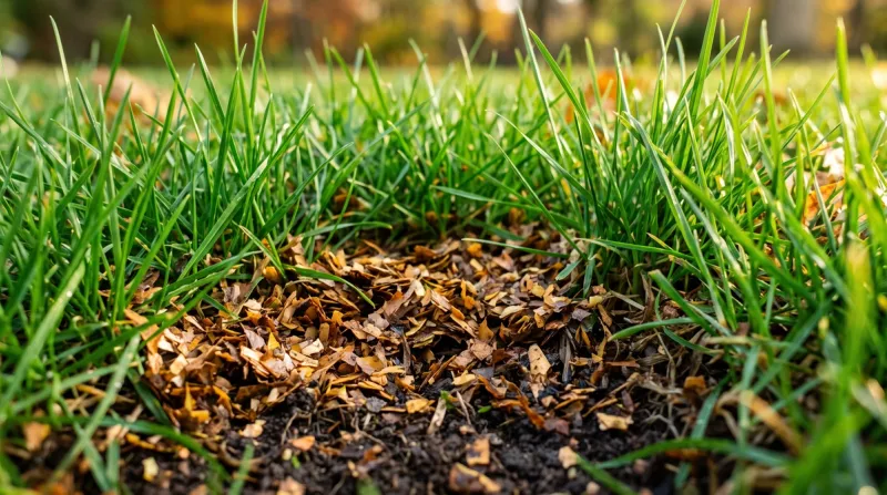Close-up of finely mulched autumn leaves settling beneath grass blades for fall lawn care and winterizing your lawn.
